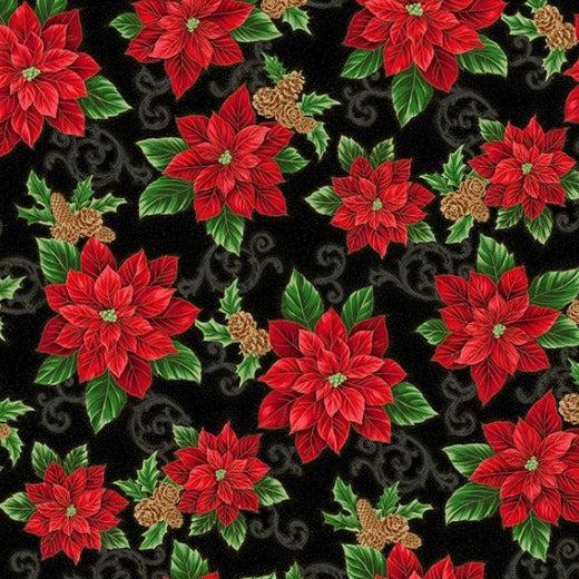 Christmas Splendor Black Gold Poinsettia Fabric