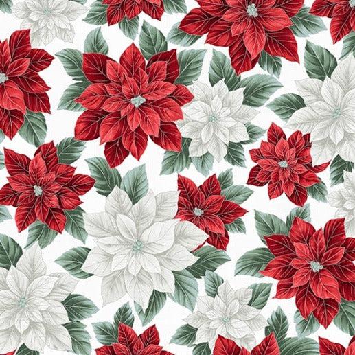 Christmas Splendor Cherry Silver Packed Poinsettia Fabric