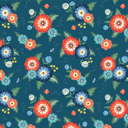 Clover & Dot Dark Blue Dahlia Bouquets Fabric