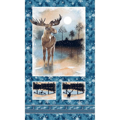 Cotton Quilt Fabric Panel Twilight Lake Scenic Cabin Moose Elk Deer Bear 24