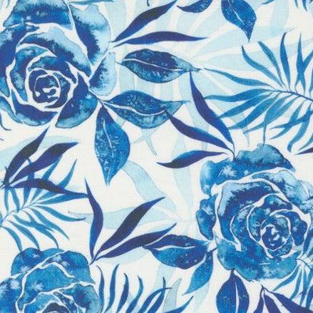Coming Up Roses Cloud Sapphire Prussian Rose Floral Watercolor Fabric