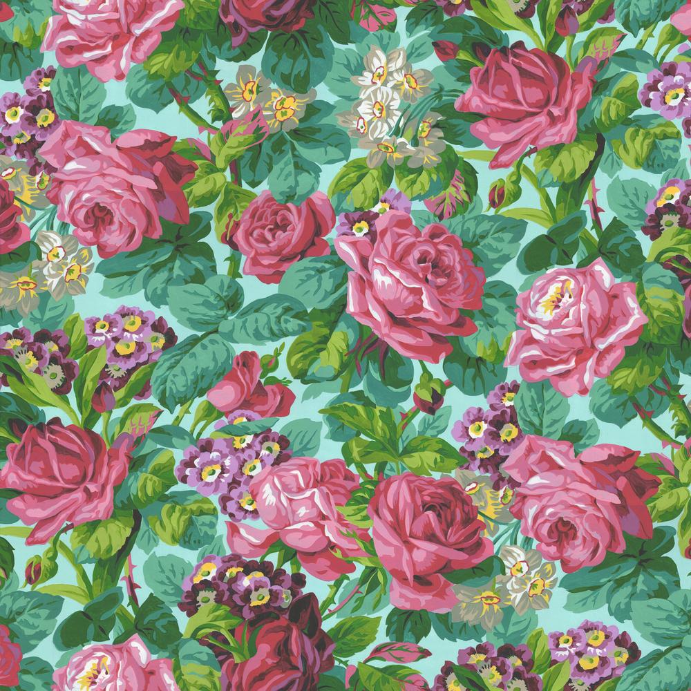 Cottage Garden Aqua Rose & Primulas Fabric
