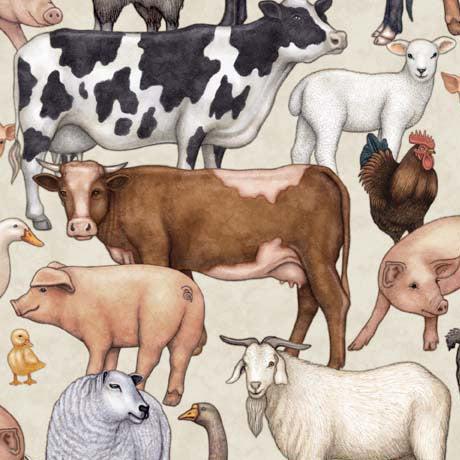 Country Farm Ecru Packed Animal Fabric