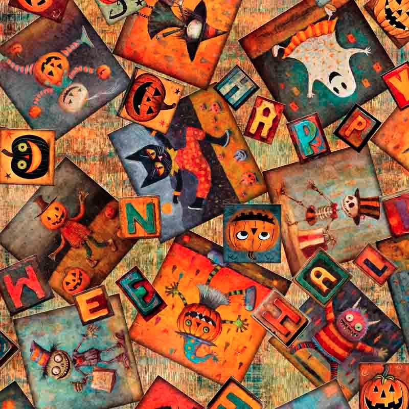 Creepin' It Real Gold Halloween Patchwork Fabric