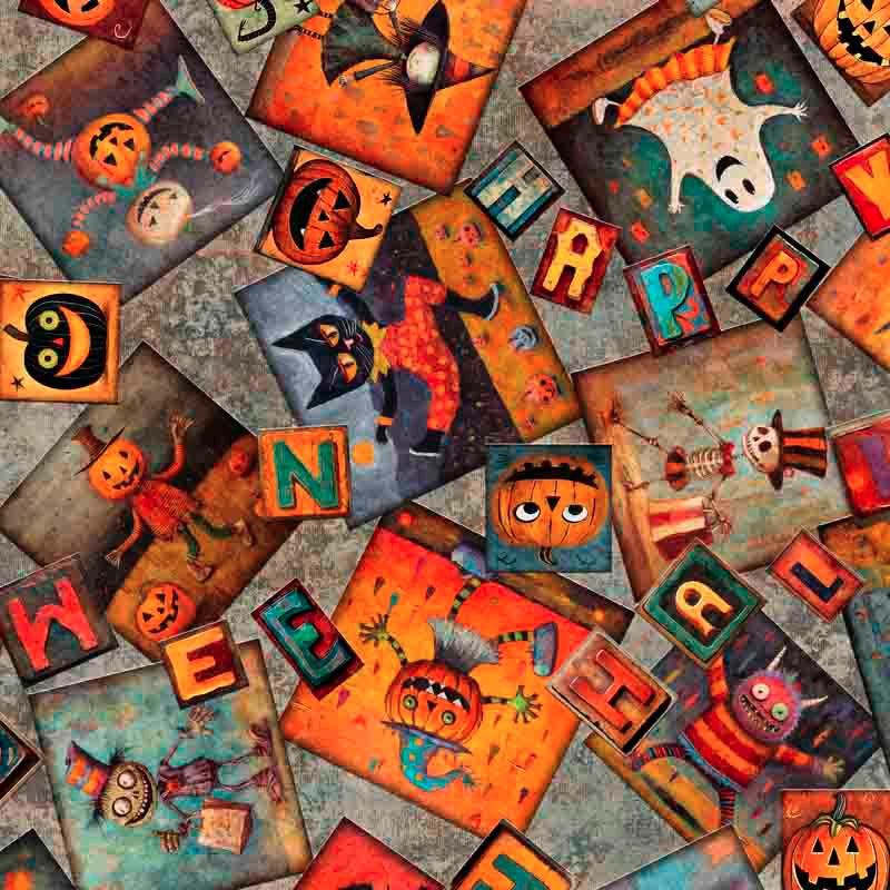 Creepin' It Real Gray Halloween Patchwork Fabric