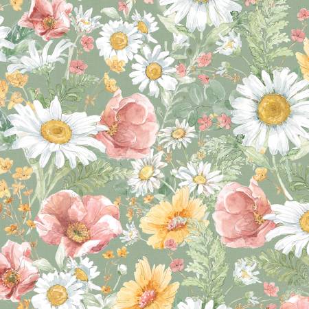 Daisy Days Green Packed Floral Fabric