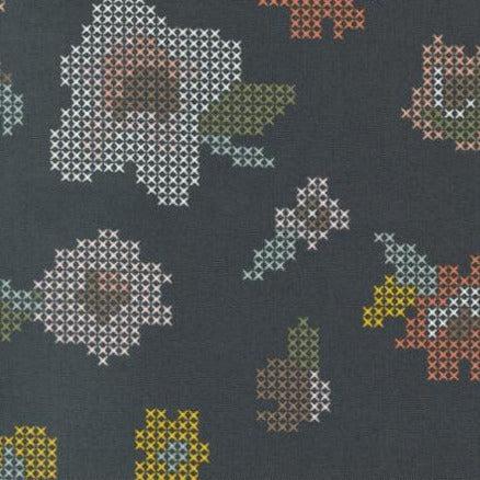 Dawn on the Prairie Charcoal Cross Stitch Floral Fabric-Moda Fabrics-My Favorite Quilt Store