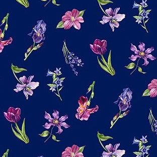 Deborah's Garden Dark Purple Tossed Floral Fabric