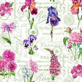 Deborah's Garden White Floral Text Fabric