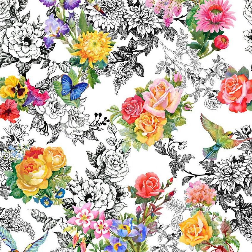 Decoupage Bright +Black and White Floral Fabric