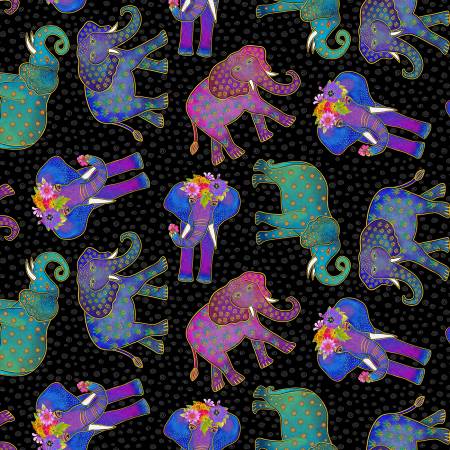 Earth Song Black Metallic Digital Elephants Fabric-Clothworks-My Favorite Quilt Store