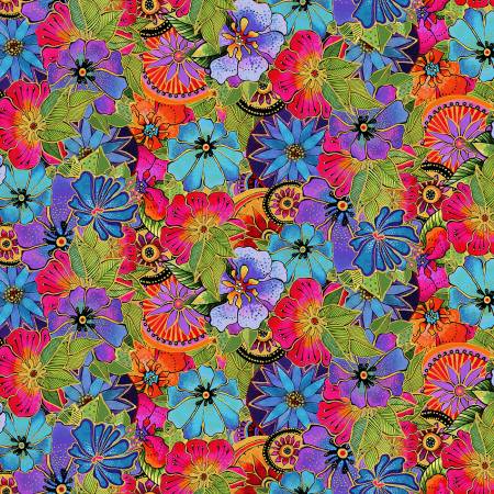 Earth Song Multi Color Metallic Packed Floral Fabric