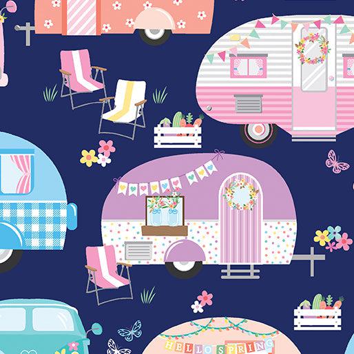 Enjoy the Ride Navy Springtime Campers Fabric