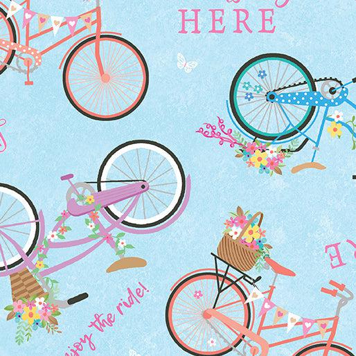Enjoy the Ride Springtime Bicycles Light Blue Fabric