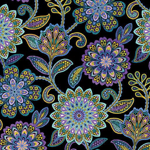 Fairy Enchantment Black Enchanted Jacobean Floral Fabric-Benartex Fabrics-My Favorite Quilt Store