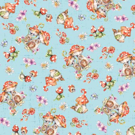 Fairy Garden Blue Mushroom Toss Fabric