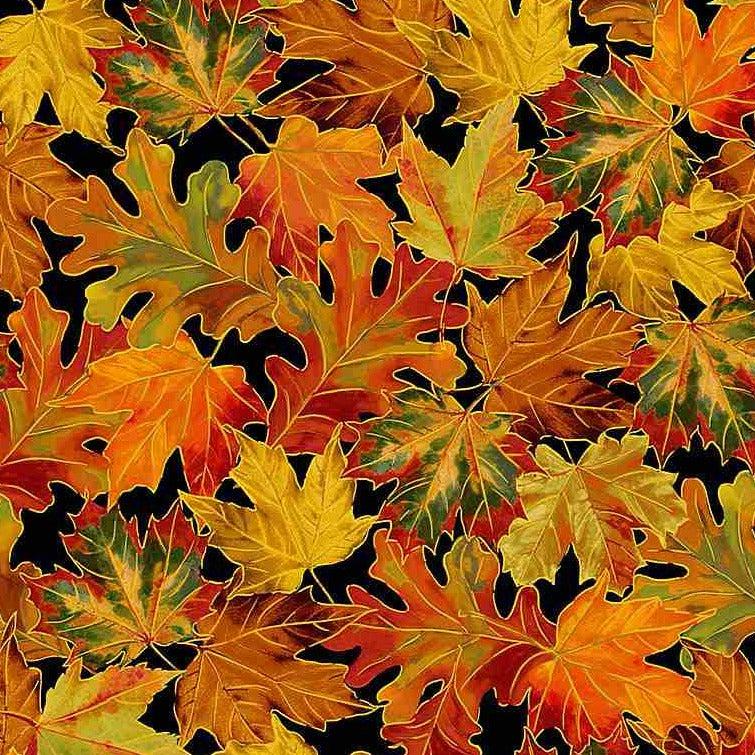 Fall Is In The Air Black Metallic Leaves Fabric