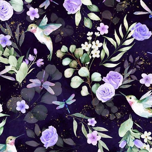 Fancy Flutter Deep Amethyst Hummingbird Floral Fabric