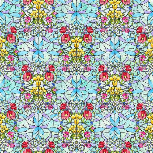 Fancy Glass Light Blue Stained Glass Bouquets Fabric-Blank Quilting Corporation-My Favorite Quilt Store