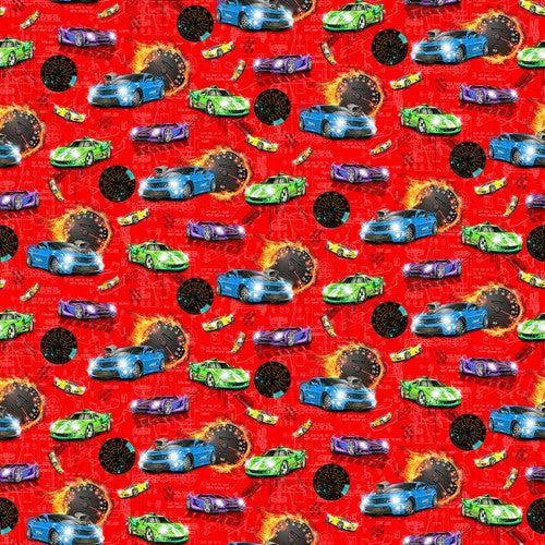 Fast and Wild  Red Small Cars Fabric