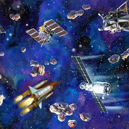 Final Frontier Blue Dodging Satellites Digital Print Fabric