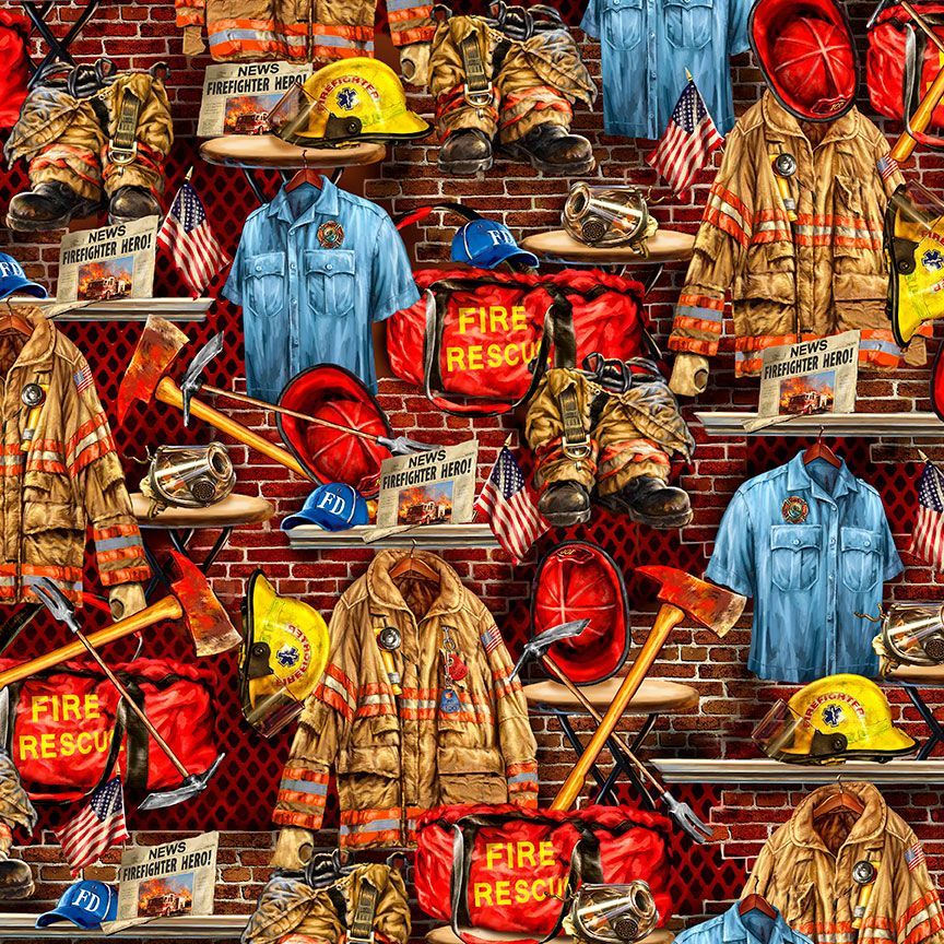 Fire Rescue Multi Fire Fighter Equipment Fabric-Timeless Treasures-My Favorite Quilt Store