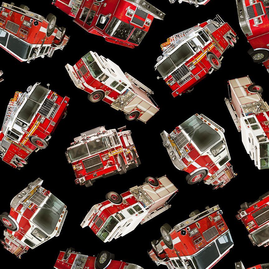 Firefighter Department Black Tossed Fire Engine Fabric-Timeless Treasures-My Favorite Quilt Store