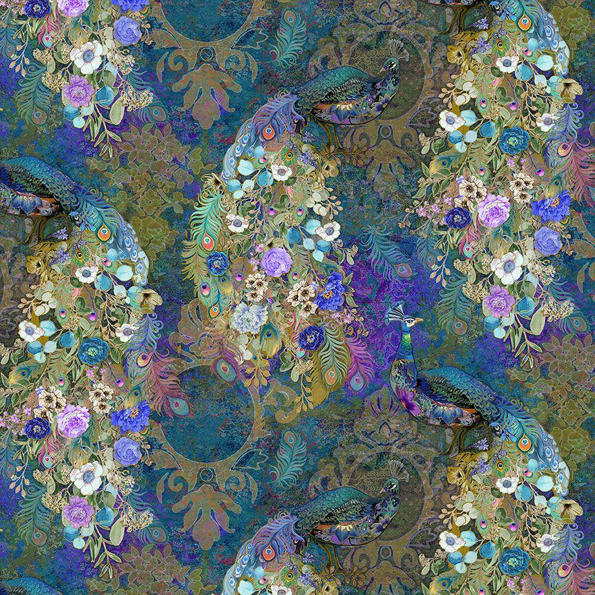 Flourish Teal Peacock Bird Floral Fabric-Timeless Treasures-My Favorite Quilt Store