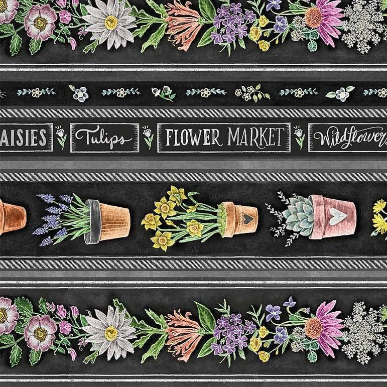 Flower Market Black Potted Plants Fabric