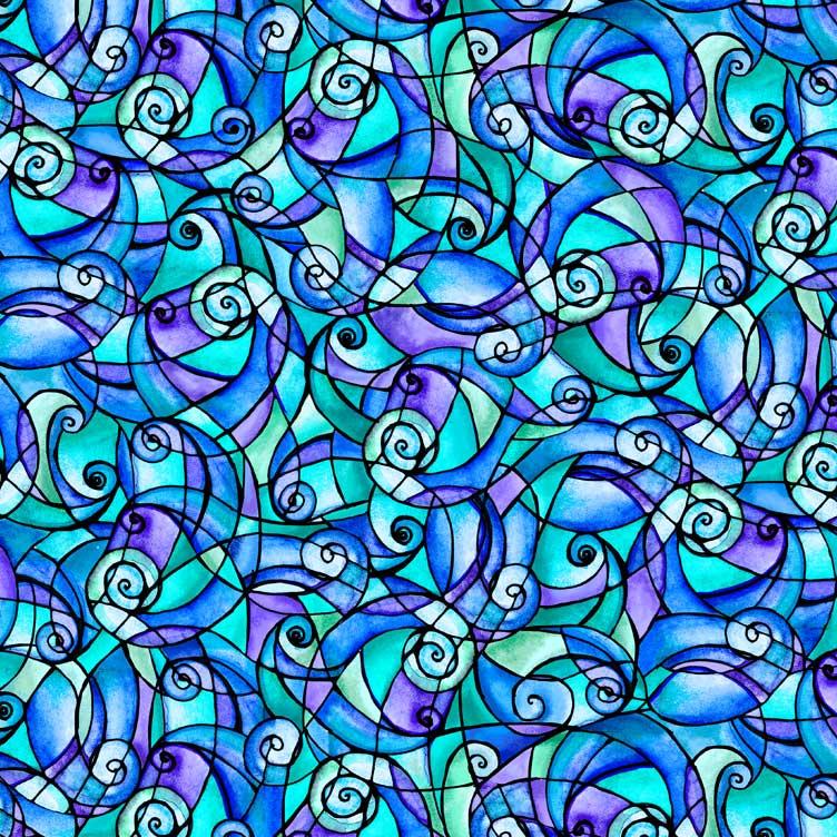 Flower to the Sun Blue Stained Glass Swirls Fabric-P & B Textiles-My Favorite Quilt Store