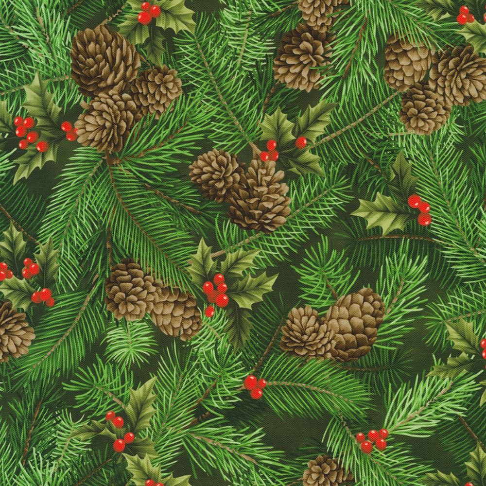 Flowerhouse:Vintage Christmas Green Pine Cones Fabric