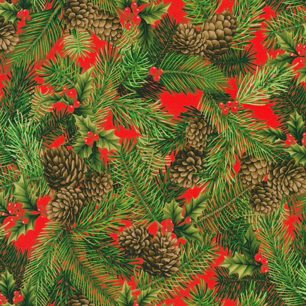 Flowerhouse:Vintage Christmas Red Pine Cones Fabric-Robert Kaufman-My Favorite Quilt Store