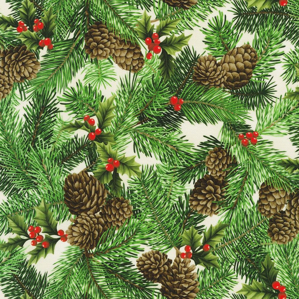 Flowerhouse:Vintage Christmas Vintage White Pine Cones Fabric-Robert Kaufman-My Favorite Quilt Store