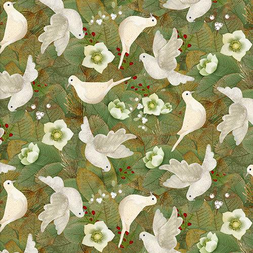 French Countryside Christmas Green Flying Doves Fabric