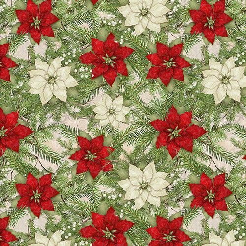 French Countryside Christmas Multi Poinsettia Floral Fabric