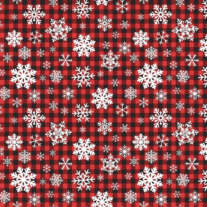 Frosty Delights Red Snowflakes On Buffalo Plaid Fabric