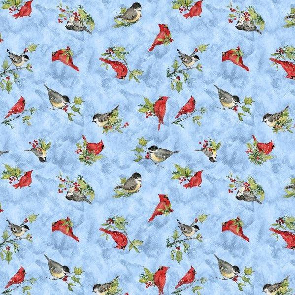 Frosty Frolic Blue Bird Toss Fabric