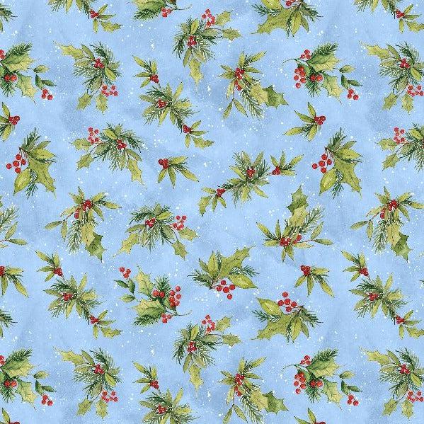 Frosty Frolic Blue Holly Mistletoe Fabric-Wilmington Prints-My Favorite Quilt Store