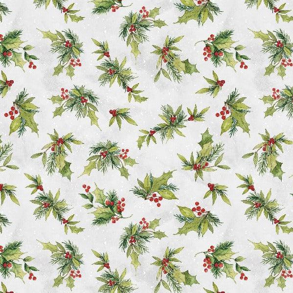 Frosty Frolic Light Gray Holly Mistletoe Fabric