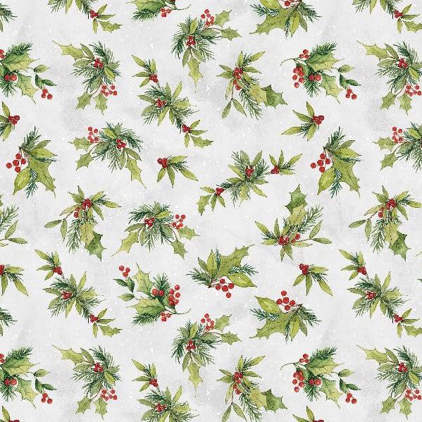 Frosty Frolic Light Gray Holly Mistletoe Fabric-Wilmington Prints-My Favorite Quilt Store