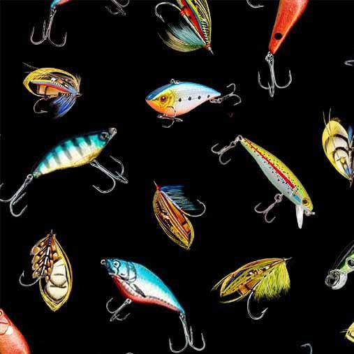 Girls Gone Fishing Black Bait And Tackle Fabric