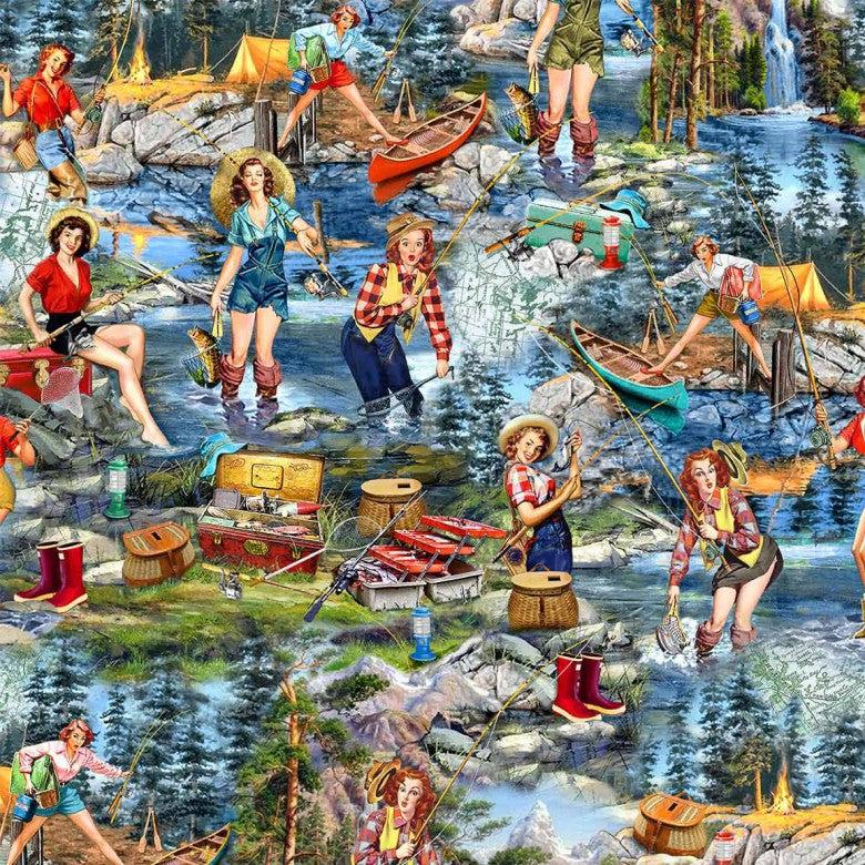 Girls Gone Fishing Forest What A Catch Fabric