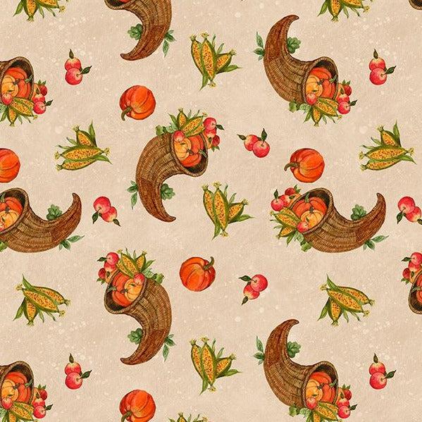 Gnome-kin Patch Beige Cornucopia Toss Fabric-Wilmington Prints-My Favorite Quilt Store