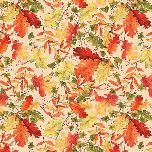 Gnome-kin Patch Cream Leaf Toss Fabric-Wilmington Prints-My Favorite Quilt Store