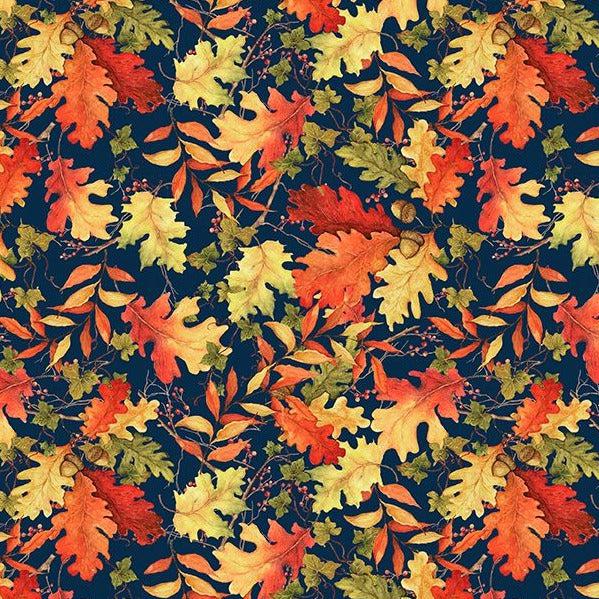 Gnome-kin Patch Navy Leaf Toss Fabric-Wilmington Prints-My Favorite Quilt Store