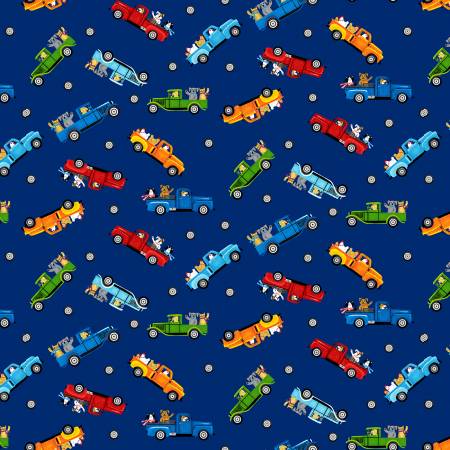 Go-Go Royal Small Tossed Trucks Fabric-Henry Glass Fabrics-My Favorite Quilt Store