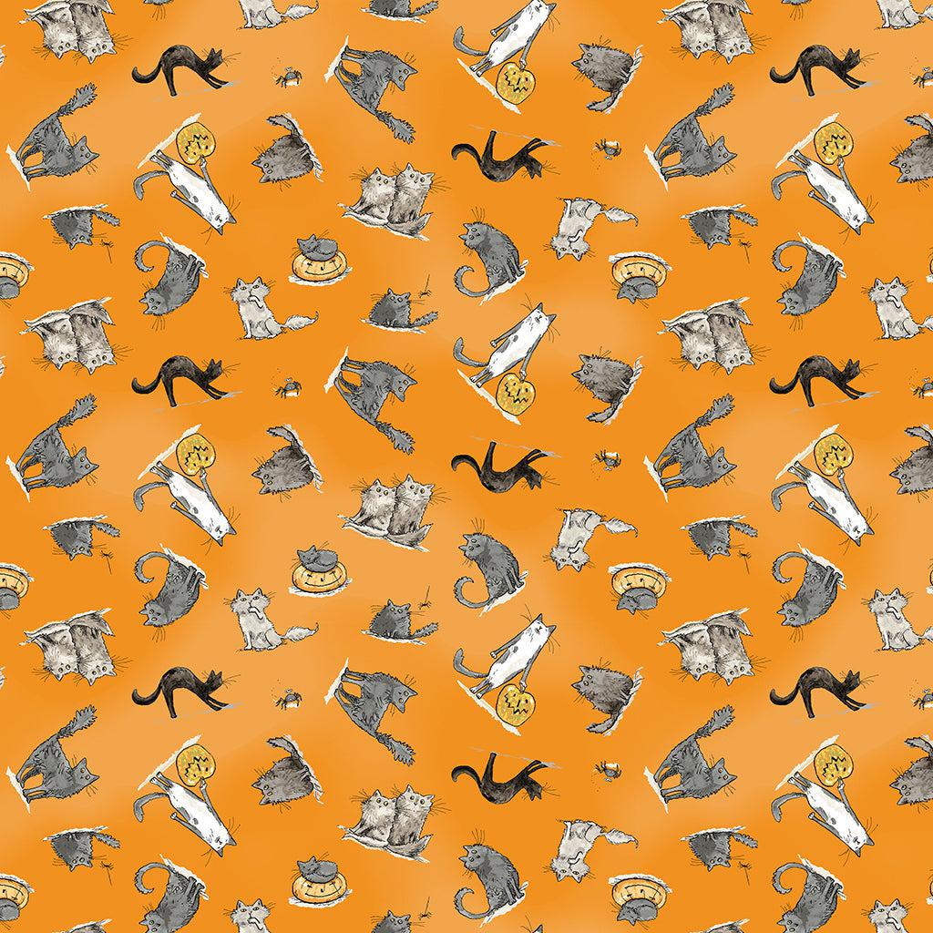 Halloween Parade Orange Cats Digital Fabric