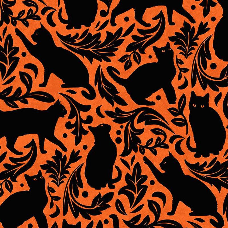 Hallow's Eve Orange Cat Damask Fabric