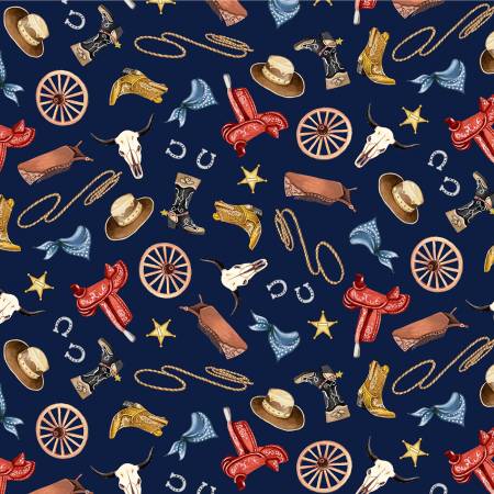 Happy Trails Navy Cowhand Gear Fabric-Michael Miller Fabrics-My Favorite Quilt Store