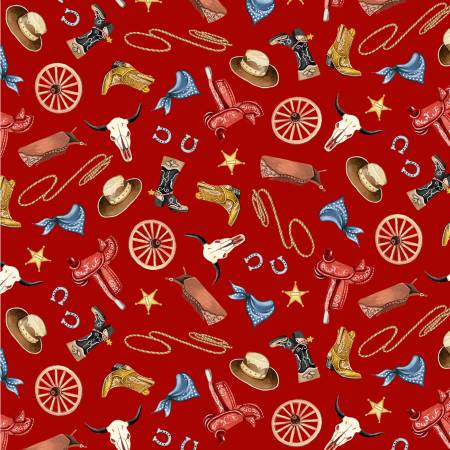 Happy Trails Red Cowhand Gear Fabric-Michael Miller Fabrics-My Favorite Quilt Store